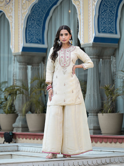Cream Gota Patti & Zardozi Work Tissue Fabric Kurta Sharara Set With Bandhani Dupatta | LASVINI - Redefining Indian Fashion with Elegance