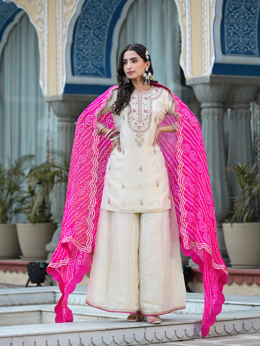 Cream Gota Patti & Zardozi Work Tissue Fabric Kurta Sharara Set With Bandhani Dupatta | LASVINI - Redefining Indian Fashion with Elegance