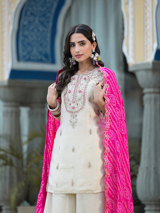 Cream Gota Patti & Zardozi Work Tissue Fabric Kurta Sharara Set With Bandhani Dupatta | LASVINI - Redefining Indian Fashion with Elegance