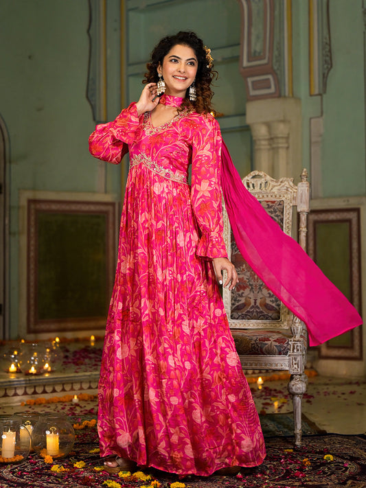 Rani Pink Digital Print Zardozi Work Chinon Fabric Long Party Dress With Organza Dupatta | LASVINI - Redefining Indian Fashion with Elegance