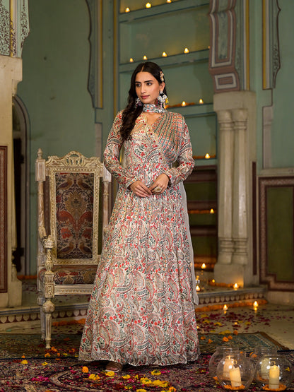 Beige Digital Print Chinon Fabric Gota Work Party Dress With Organza Dupatta | LASVINI - Redefining Indian Fashion with Elegance
