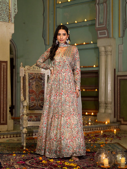 Beige Digital Print Chinon Fabric Gota Work Party Dress With Organza Dupatta | LASVINI - Redefining Indian Fashion with Elegance