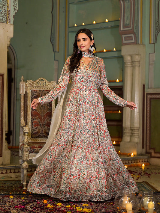 Beige Digital Print Chinon Fabric Gota Work Party Dress With Organza Dupatta | LASVINI - Redefining Indian Fashion with Elegance