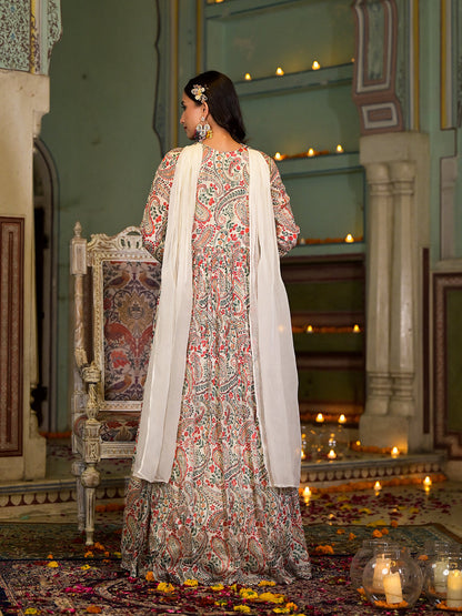 Beige Digital Print Chinon Fabric Gota Work Party Dress With Organza Dupatta | LASVINI - Redefining Indian Fashion with Elegance