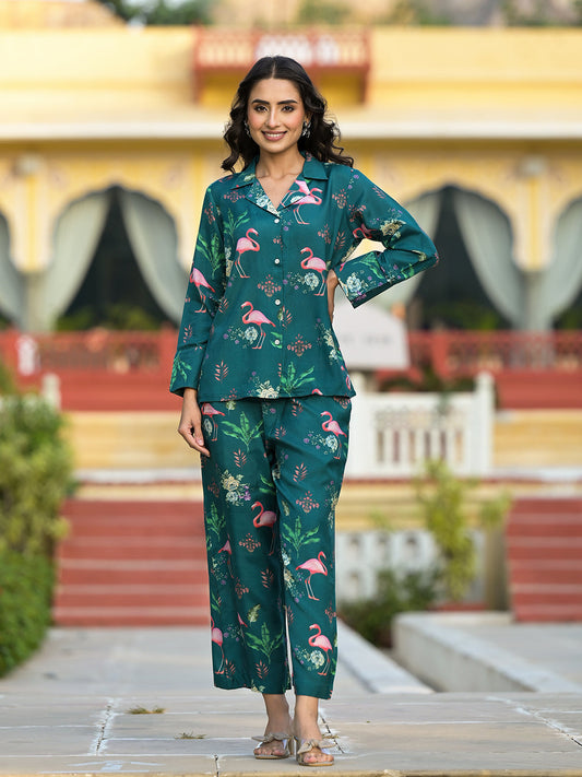Green Floral Printed Muslin Co-Ord Set | LASVINI - Redefining Indian Fashion with Elegance