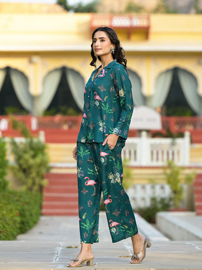 Green Floral Printed Muslin Co-Ord Set | LASVINI - Redefining Indian Fashion with Elegance