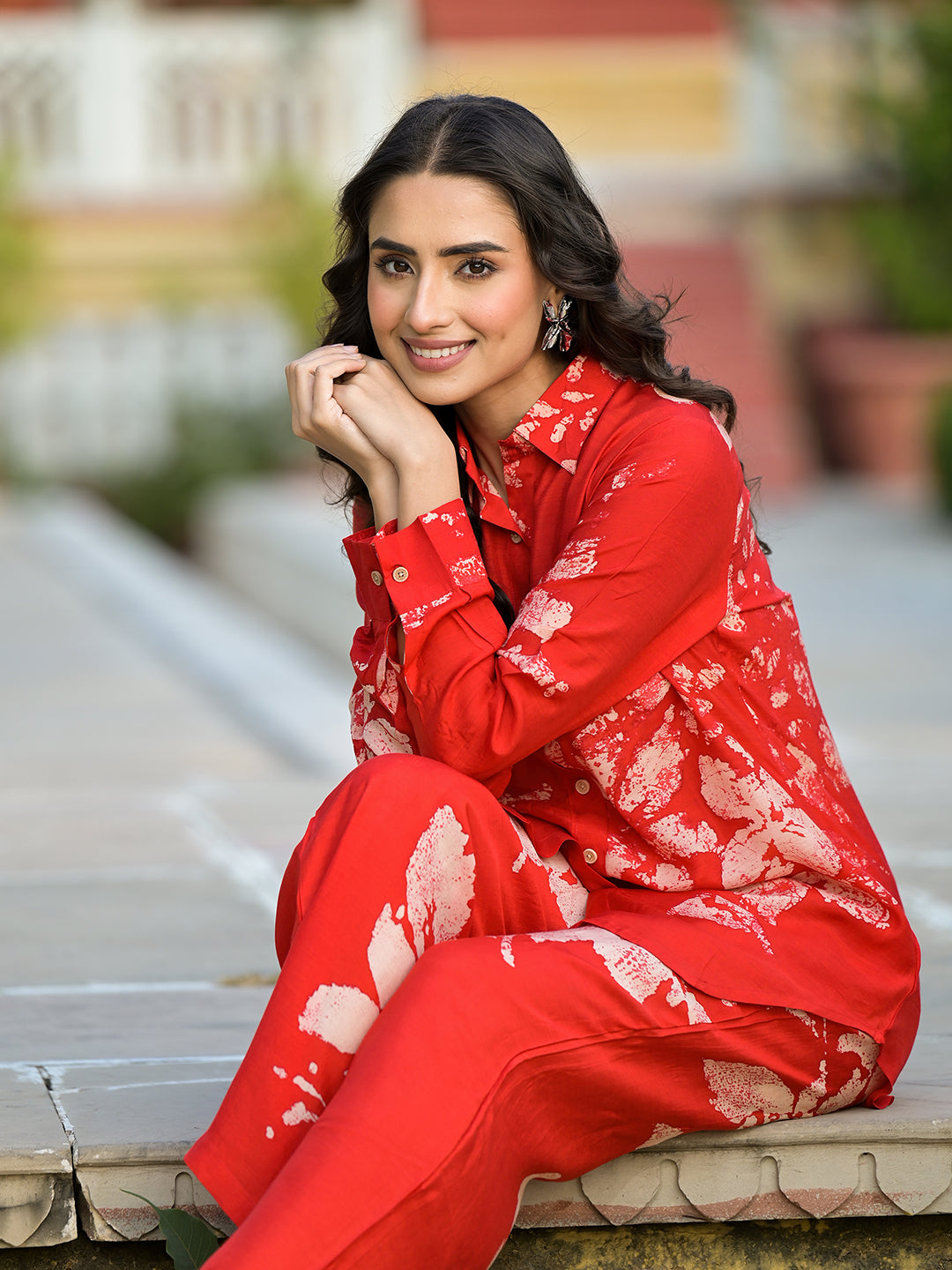 Red Hand Painted Women Muslin Co-Ord Set | LASVINI - Redefining Indian Fashion with Elegance