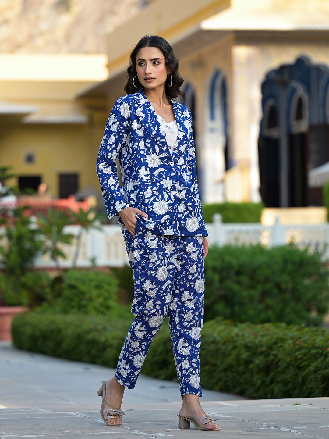 Blue & White Floral Hand Block Printed Co-Ord Set | LASVINI - Redefining Indian Fashion with Elegance