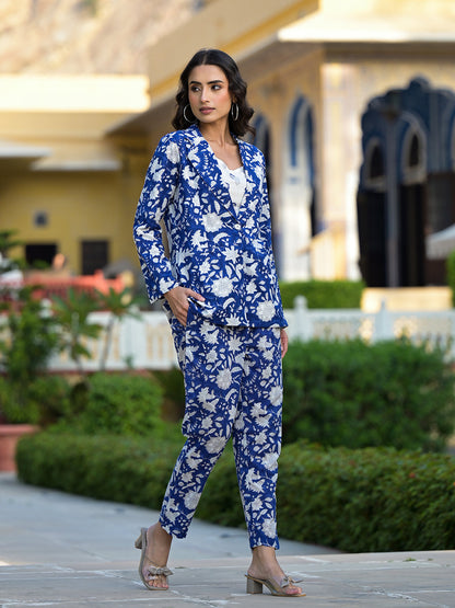 Blue & White Floral Hand Block Printed Co-Ord Set | LASVINI - Redefining Indian Fashion with Elegance