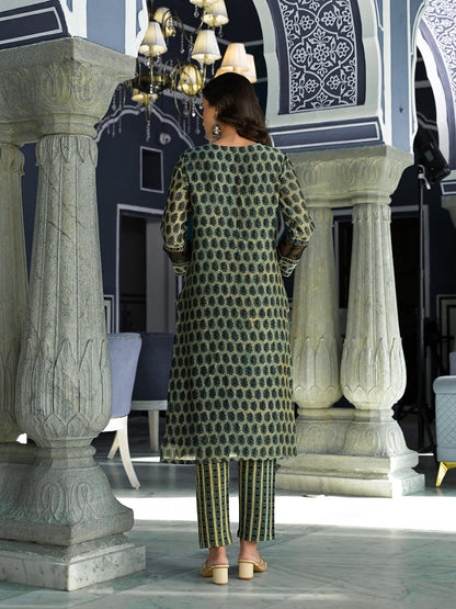 Green Ethnic Printed Chanderi Silk Kurta Trouser With Dupatta Set | LASVINI - Redefining Indian Fashion with Elegance