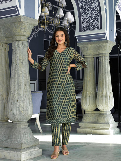 Green Ethnic Printed Chanderi Silk Kurta Trouser With Dupatta Set | LASVINI - Redefining Indian Fashion with Elegance