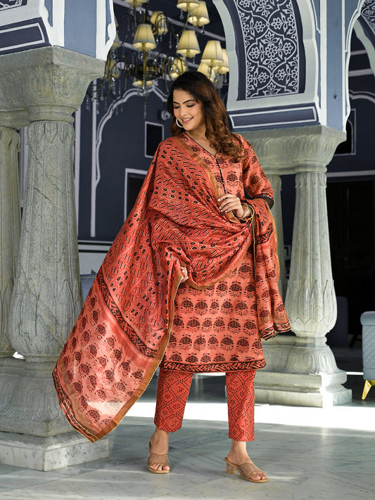 Maroon Ethnic Printed Chanderi Silk Kurta Set With Maheshwari Silk Dupatta | LASVINI - Redefining Indian Fashion with Elegance