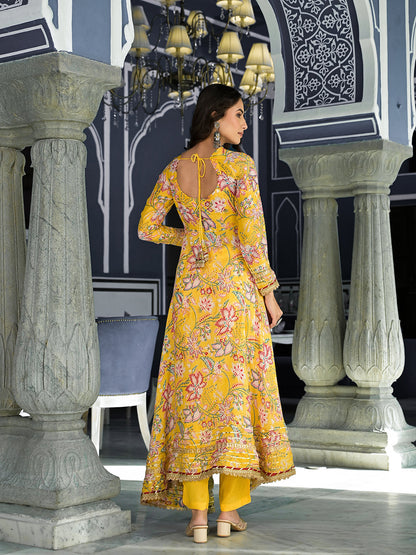 Yellow Floral Printed Anarkali Muslin Kurta Trouser With Dupatta Set | LASVINI - Redefining Indian Fashion with Elegance