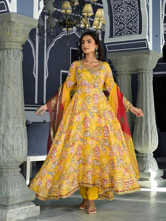 Yellow Floral Printed Anarkali Muslin Kurta Trouser With Dupatta Set | LASVINI - Redefining Indian Fashion with Elegance