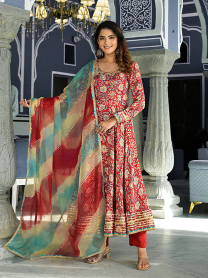 Red Floral Printed Anarkali Muslin Kurta Trouser With Dupatta Set | LASVINI - Redefining Indian Fashion with Elegance