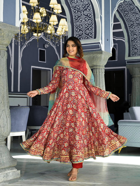 Red Floral Printed Anarkali Muslin Kurta Trouser With Dupatta Set | LASVINI - Redefining Indian Fashion with Elegance