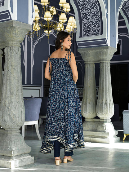 Blue Printed Anarkali Muslin Shoulder Stripe Kurta Trouser With Dupatta Set | LASVINI - Redefining Indian Fashion with Elegance