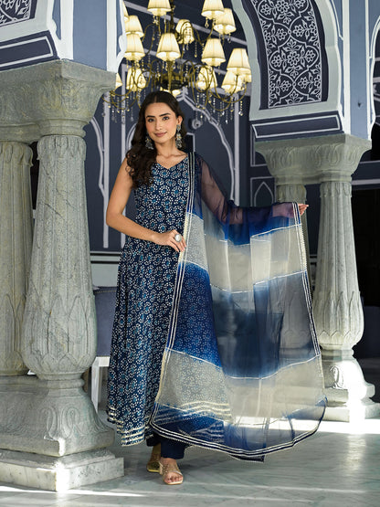 Blue Printed Anarkali Muslin Shoulder Stripe Kurta Trouser With Dupatta Set | LASVINI - Redefining Indian Fashion with Elegance