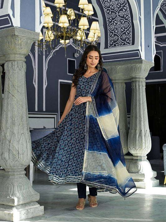 Blue Printed Anarkali Muslin Shoulder Stripe Kurta Trouser With Dupatta Set | LASVINI - Redefining Indian Fashion with Elegance