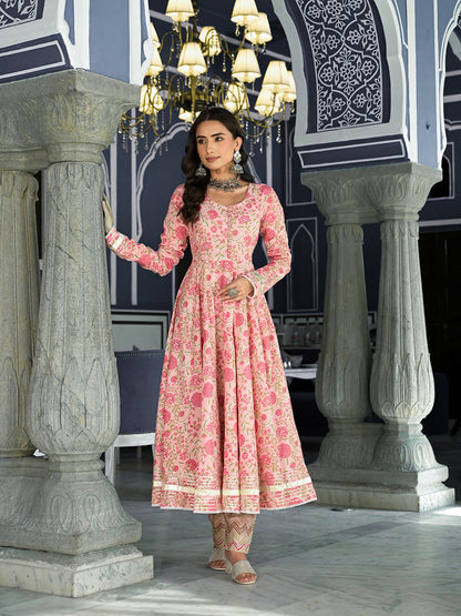Pink Floral Hand Block Printed Anarkali Kurta Trouser With Dupatta Set | LASVINI - Redefining Indian Fashion with Elegance
