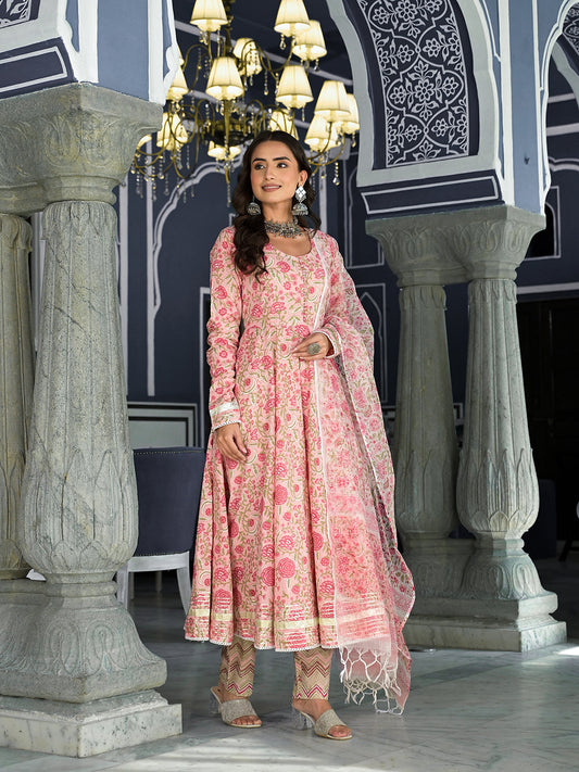Pink Floral Hand Block Printed Anarkali Kurta Trouser With Dupatta Set | LASVINI - Redefining Indian Fashion with Elegance