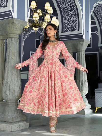 Pink Floral Hand Block Printed Anarkali Kurta Trouser With Dupatta Set | LASVINI - Redefining Indian Fashion with Elegance