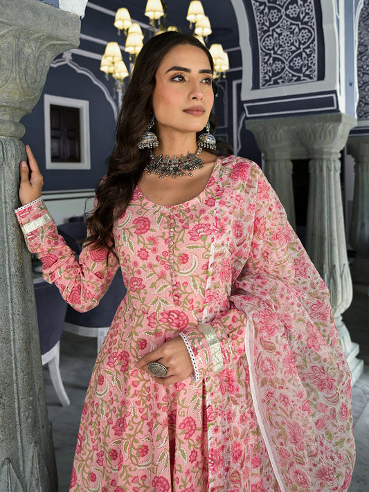 Pink Floral Hand Block Printed Anarkali Kurta Trouser With Dupatta Set | LASVINI - Redefining Indian Fashion with Elegance