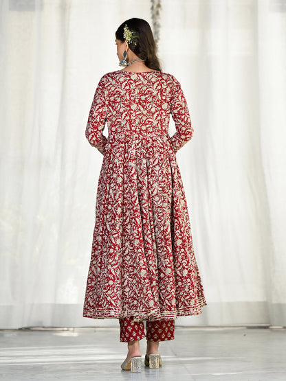 Maroon Floral Printed Anarkali Cotton Kurta Trouser With Dupatta Set | LASVINI - Redefining Indian Fashion with Elegance