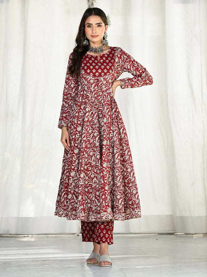 Maroon Floral Printed Anarkali Cotton Kurta Trouser With Dupatta Set | LASVINI - Redefining Indian Fashion with Elegance