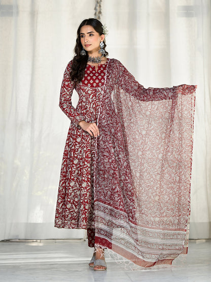 Maroon Floral Printed Anarkali Cotton Kurta Trouser With Dupatta Set | LASVINI - Redefining Indian Fashion with Elegance