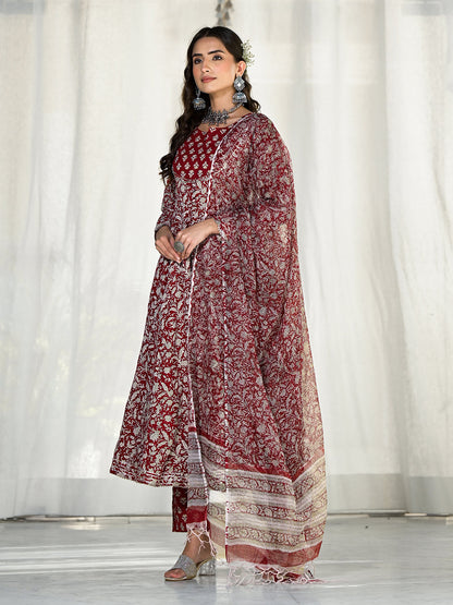 Maroon Floral Printed Anarkali Cotton Kurta Trouser With Dupatta Set | LASVINI - Redefining Indian Fashion with Elegance