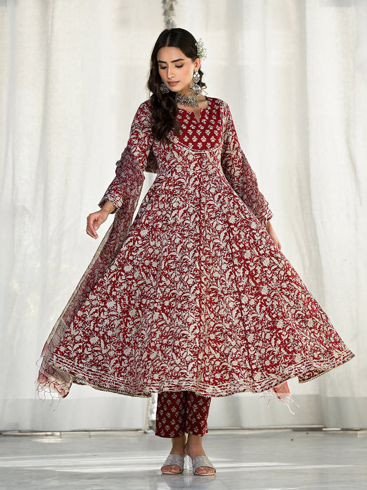 Maroon Floral Printed Anarkali Cotton Kurta Trouser With Dupatta Set | LASVINI - Redefining Indian Fashion with Elegance