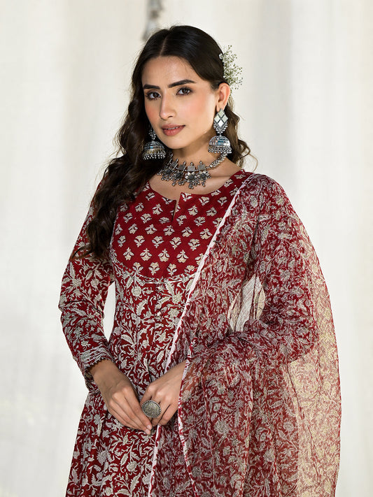 Maroon Floral Printed Anarkali Cotton Kurta Trouser With Dupatta Set | LASVINI - Redefining Indian Fashion with Elegance