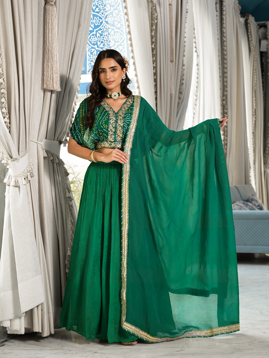 Green Bandhani Print Chinon Fabric Lehenga Crop Top With Dupatta Set | LASVINI - Redefining Indian Fashion with Elegance