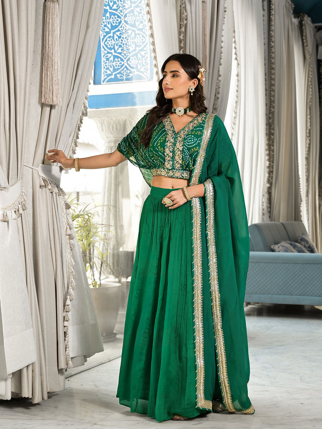 Green Bandhani Print Chinon Fabric Lehenga Crop Top With Dupatta Set | LASVINI - Redefining Indian Fashion with Elegance
