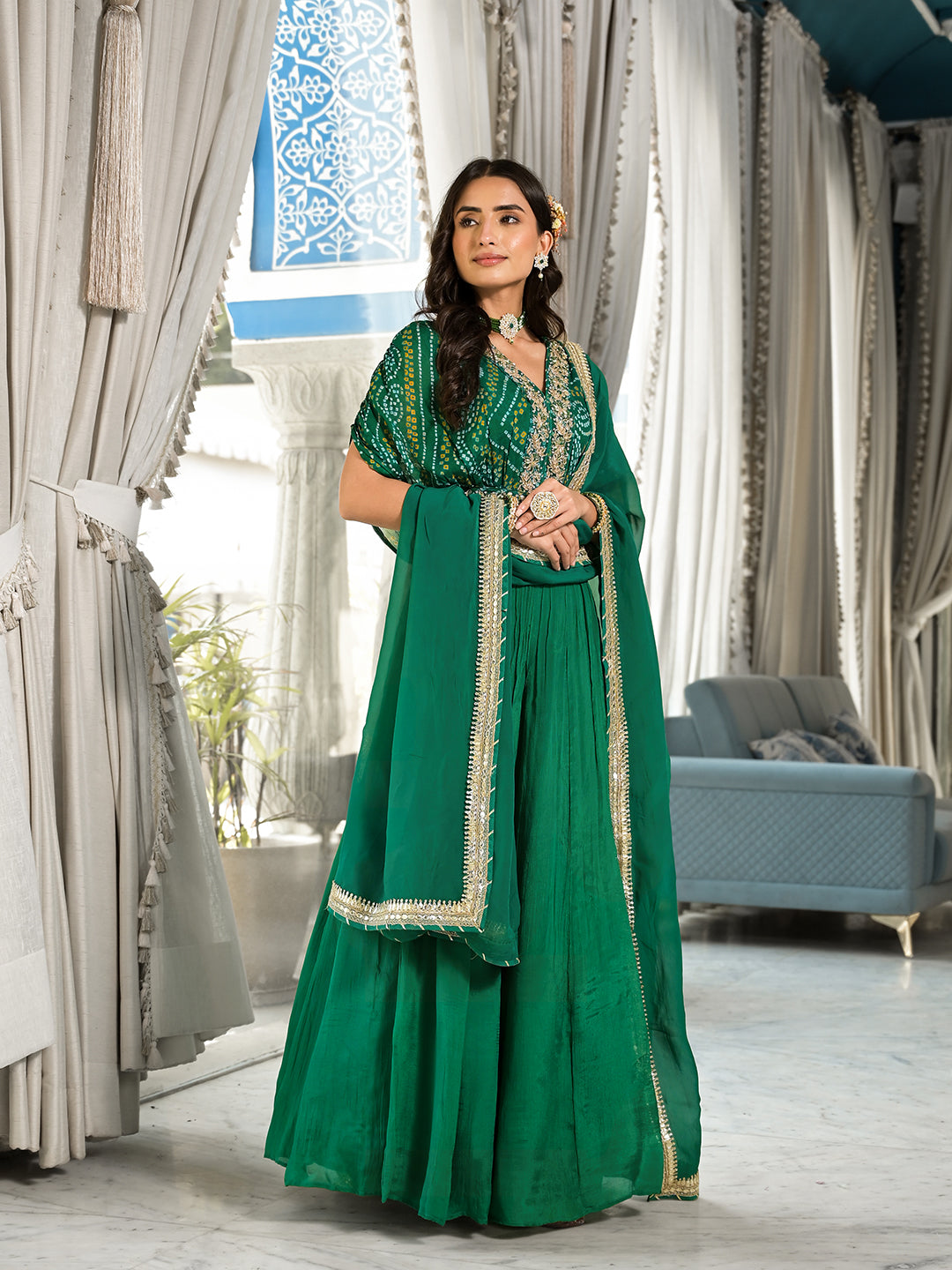 Green Bandhani Print Chinon Fabric Lehenga Crop Top With Dupatta Set | LASVINI - Redefining Indian Fashion with Elegance