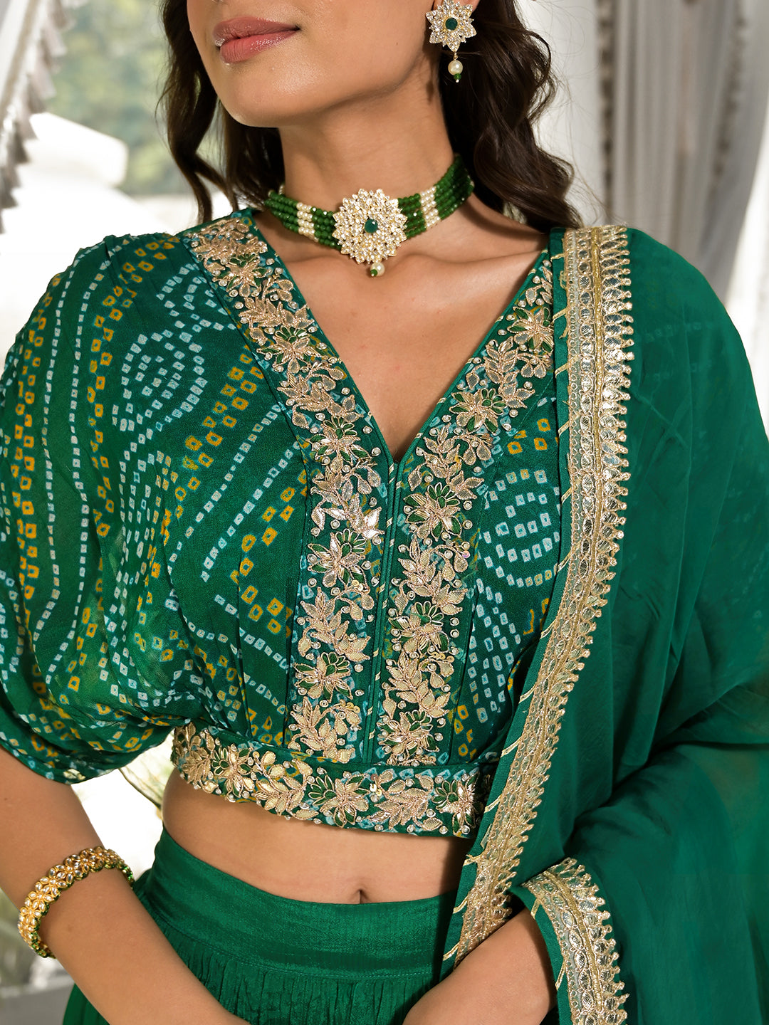 Green Bandhani Print Chinon Fabric Lehenga Crop Top With Dupatta Set | LASVINI - Redefining Indian Fashion with Elegance