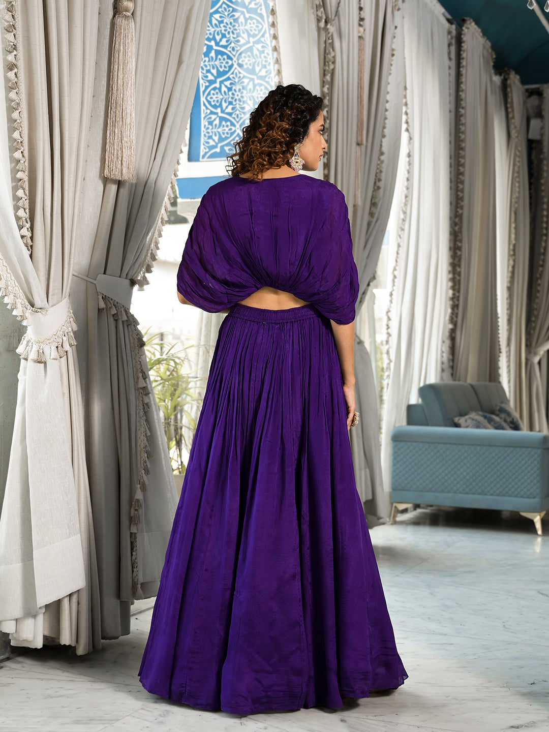 Purple Zardozi Work Chinon Fabric Crop Top With Lehenga | LASVINI - Redefining Indian Fashion with Elegance