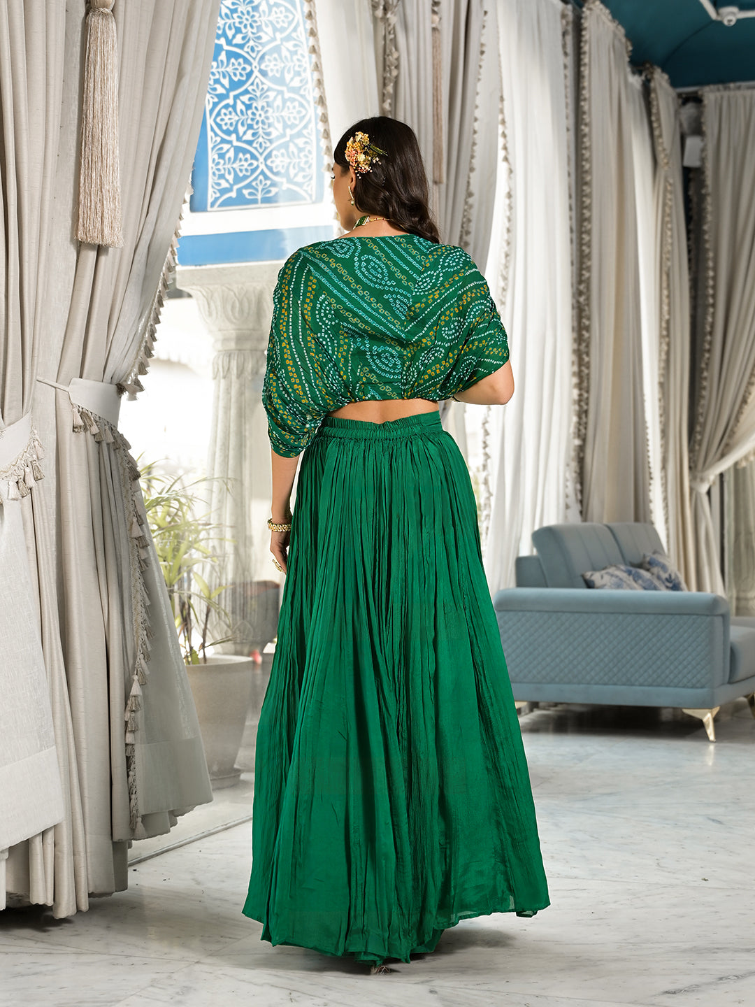 Green Bandhani Print Chinon Fabric Lehenga Crop Top With Dupatta Set | LASVINI - Redefining Indian Fashion with Elegance