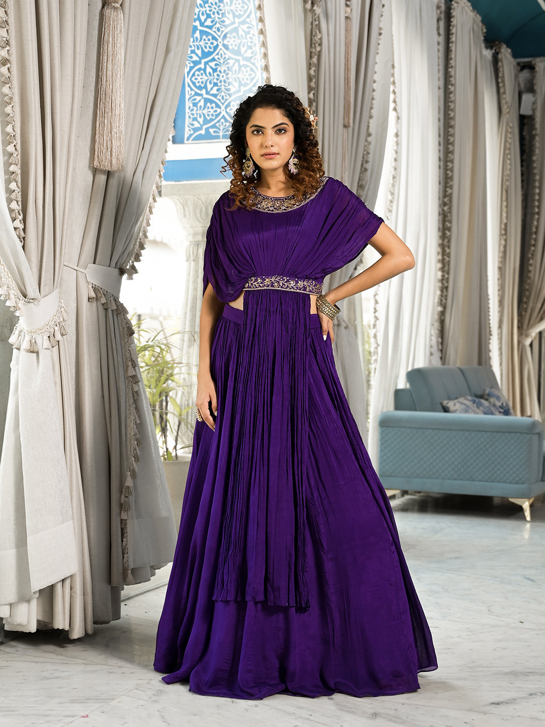 Purple Zardozi Work Chinon Fabric Crop Top With Lehenga | LASVINI - Redefining Indian Fashion with Elegance