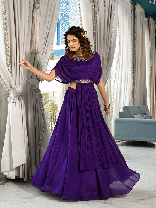 Purple Zardozi Work Chinon Fabric Crop Top With Lehenga | LASVINI - Redefining Indian Fashion with Elegance