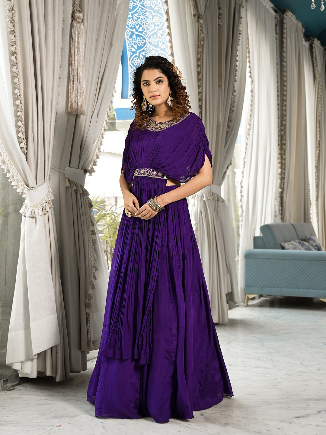 Purple Zardozi Work Chinon Fabric Crop Top With Lehenga | LASVINI - Redefining Indian Fashion with Elegance