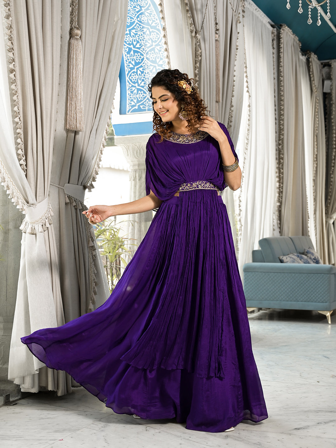 Purple Zardozi Work Chinon Fabric Crop Top With Lehenga | LASVINI - Redefining Indian Fashion with Elegance