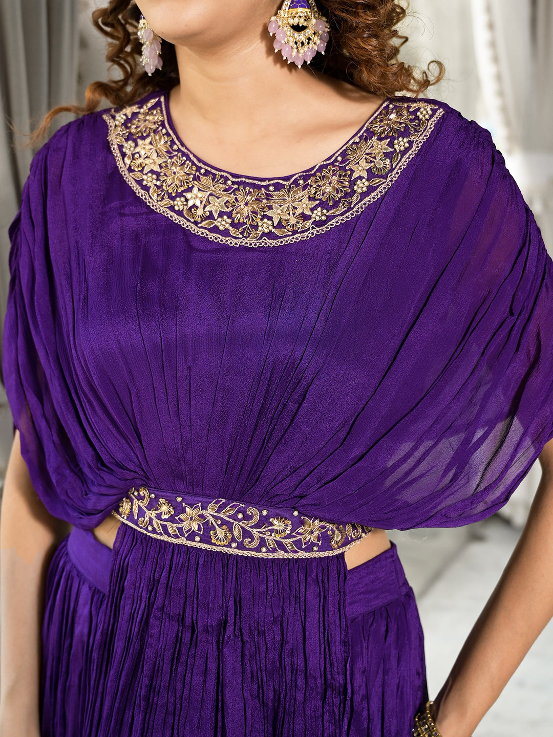 Purple Zardozi Work Chinon Fabric Crop Top With Lehenga | LASVINI - Redefining Indian Fashion with Elegance