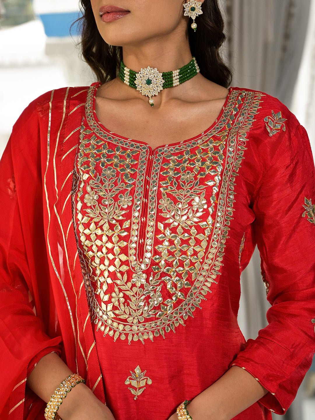 Red Kachhi Patti Work Russian Silk Short Kurta Sharara With Dupatta | LASVINI - Redefining Indian Fashion with Elegance