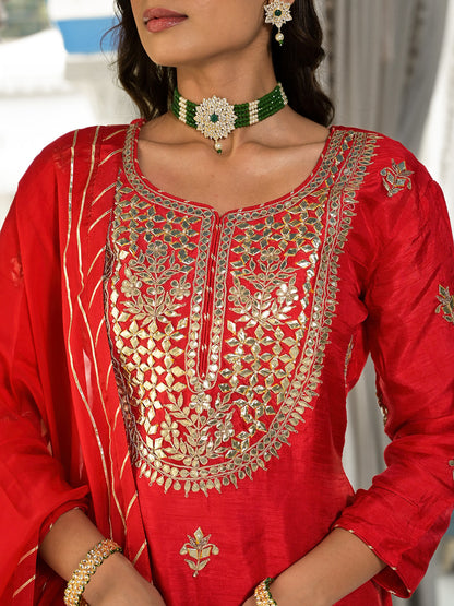 Red Kachhi Patti Work Russian Silk Short Kurta Sharara With Dupatta | LASVINI - Redefining Indian Fashion with Elegance