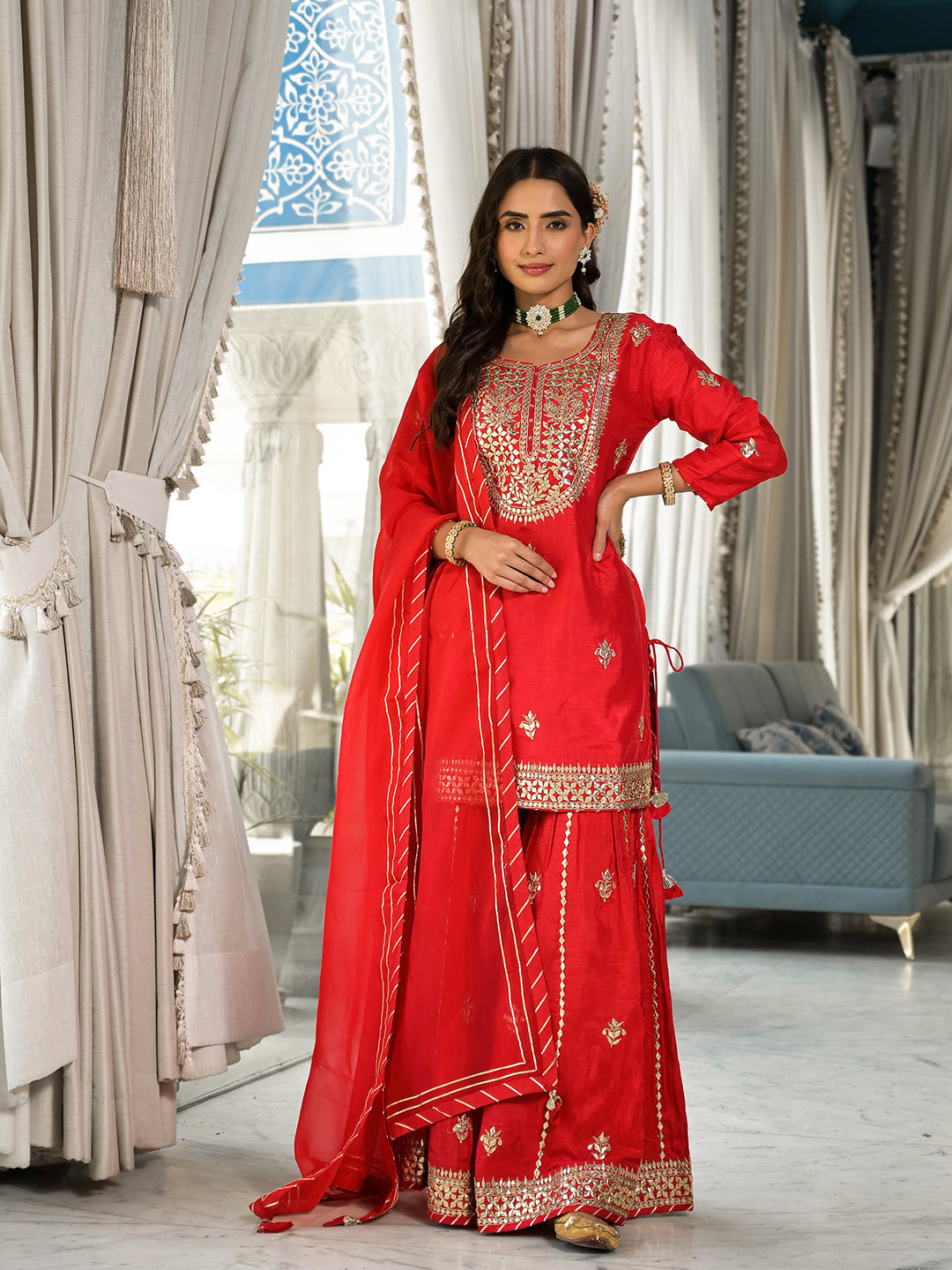 Red Kachhi Patti Work Russian Silk Short Kurta Sharara With Dupatta | LASVINI - Redefining Indian Fashion with Elegance