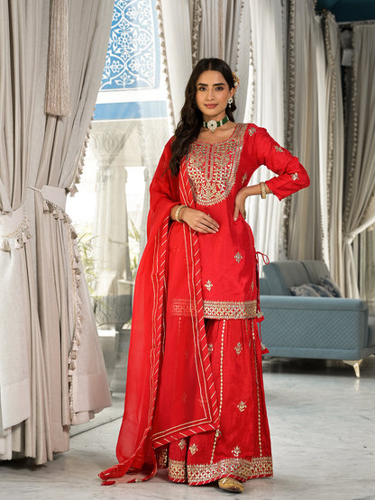 Red Kachhi Patti Work Russian Silk Short Kurta Sharara With Dupatta | LASVINI - Redefining Indian Fashion with Elegance