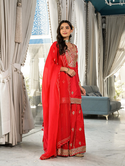 Red Kachhi Patti Work Russian Silk Short Kurta Sharara With Dupatta | LASVINI - Redefining Indian Fashion with Elegance