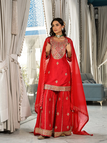 Red Kachhi Patti Work Russian Silk Short Kurta Sharara With Dupatta | LASVINI - Redefining Indian Fashion with Elegance